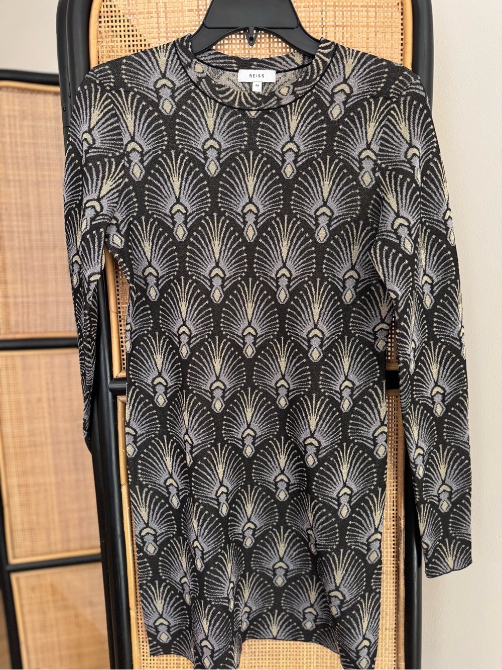 Reiss Black Patterned Long Sleeve Mini Dress